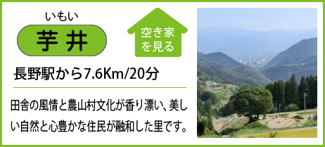 芋井 長野駅から7.6Km/20分 田舎の風情と農山村文化が香り漂い、美しい自然と心豊かな住民が融和した里です。