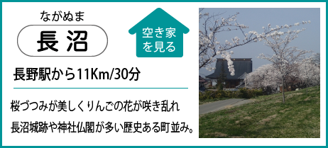 長沼 長野駅から11Km30分 桜づつみが美しくりんごの花が咲き乱れ長沼城跡や神社仏閣が多い歴史ある町並み。