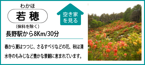 若穂（保科を除く） 長野駅から8Km/30分 春から夏はつつじ、さるすべりなどの花、秋は清 水寺のもみじなど豊かな景観に恵まれています。